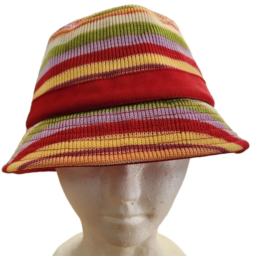 The Sak Knit Red Multi Color Rainbow Stripe Bucket Sun Beach Resort Hat NWOT